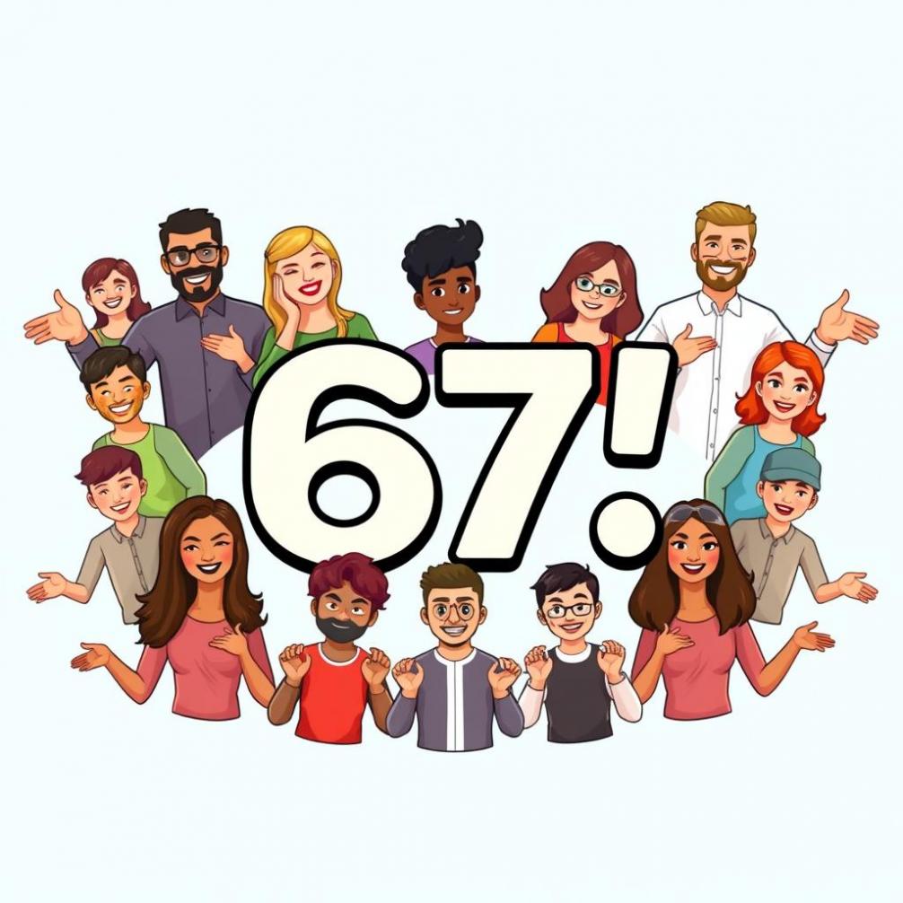 Digitale Illustration des Internettrends '67' mit der Zahl '67' im Mittelpunkt. Verschiedene Personen unterschiedlicher Herkunft und Geschlechter zeigen die Pose des zuckenden Emojis, wobei die Hände zur Seite ausgestreckt sind. Der Hintergrund ist lebendig und farbenfroh, passend zur spielerischen und humorvollen Natur von Internettrends.