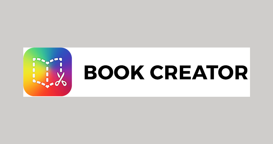 Ein Logo für die App "Book Creator". Es zeigt ein stilisiertes, offenes Buch mit einer gestrichelten Linie und einer Schere in bunten Farben (rot, orange, gelb, grün, blau) auf der linken Seite. Der Schriftzug "BOOK CREATOR" ist in fetter, schwarzer Schrift daneben platziert.