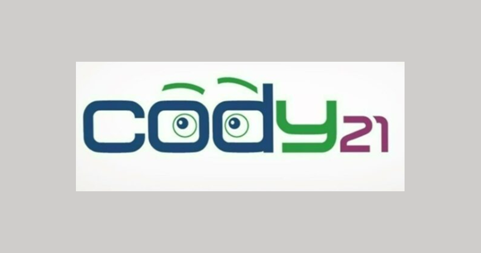 Logo mit dem Schriftzug cody21 in blau, grün und violett. Die beiden Buchstaben o enthalten stilisierte Augen, darüber befinden sich zwei gebogene Linien wie Augenbrauen.