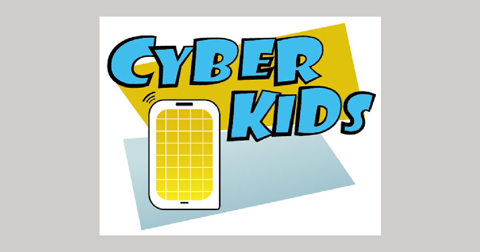 Logo mit dem Schriftzug Cyber Kids in großen blau‑schwarzen Comic‑Buchstaben vor gelben und blauen Hintergrundformen. Links daneben steht ein stilisiertes Smartphone mit gelbem Display.