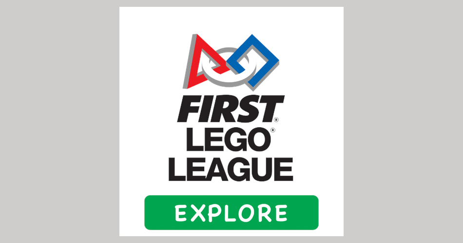 Logo der First LEGO League Explore mit zwei ineinandergreifenden geometrischen Formen in Rot, Grau und Blau. Darunter steht der schwarze Schriftzug ‚FIRST LEGO LEAGUE‘. Am unteren Rand befindet sich ein grüner Balken mit dem weißen Wort ‚Explore‘.