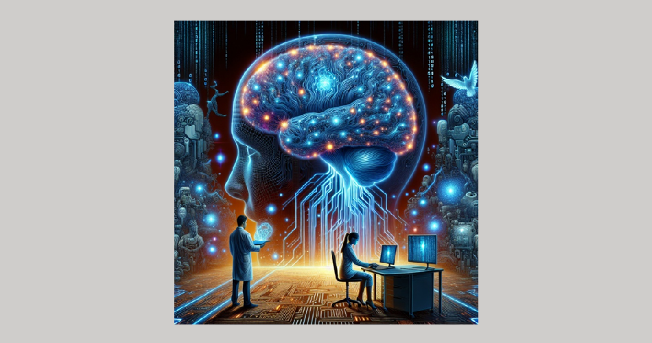 Illustration eines großen, leuchtenden Gehirns in Blau‑ und Orangetönen, das als digitales Netzwerk dargestellt ist. Unter dem Gehirn sitzt eine Person an einem Computer, während eine andere Person daneben steht und ein Tablet hält. Aus dem Gehirn verlaufen lichtartige Linien nach unten zu den Geräten. Der Hintergrund zeigt technische Elemente, leuchtende Punkte und futuristische Maschinen.