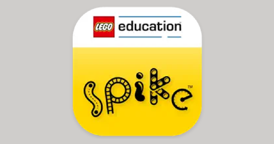 Logo der LEGO Education Spike App. Oben befindet sich das LEGO Education‑Logo mit rotem LEGO‑Kasten und schwarzem Schriftzug ‚education‘. Darunter steht auf gelbem Hintergrund das verspielte, schwarz gezeichnete Wort ‚spike‘, dessen Buchstaben aus verschiedenen grafischen Mustern bestehen.