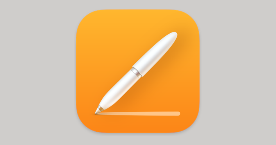 App‑Icon mit orangefarbenem Hintergrund. In der Mitte ist ein weißer Füllfederhalter dargestellt, der eine kurze helle Linie zieht. Das Symbol steht für die Apple‑App ‚Pages‘.
