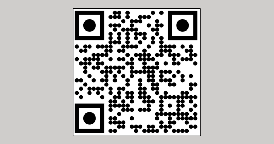 Schwarz‑weißer QR‑Code mit kreisförmigen Punkten als Muster. In drei Ecken befinden sich quadratische Markierungen mit einem schwarzen Punkt im Inneren.