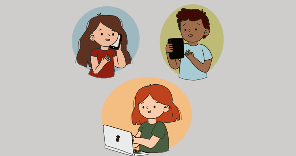 Illustration von drei Kindern, die digitale Geräte nutzen: oben links ein Kind mit einem Smartphone am Ohr, oben rechts ein Kind, das ein Tablet hält, und unten ein Kind, das an einem Laptop arbeitet. Jede Figur steht vor einem farbigen kreisförmigen Hintergrund.